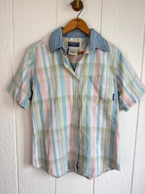 Vintage Erika Pastel Plaid Shirt Denim Collar Western 90s Cotton Button Up